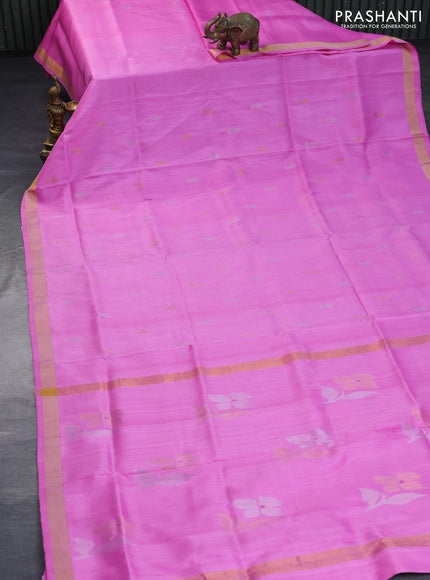 Pure uppada silk saree pink with silver & gold zari woven buttas and zari woven border