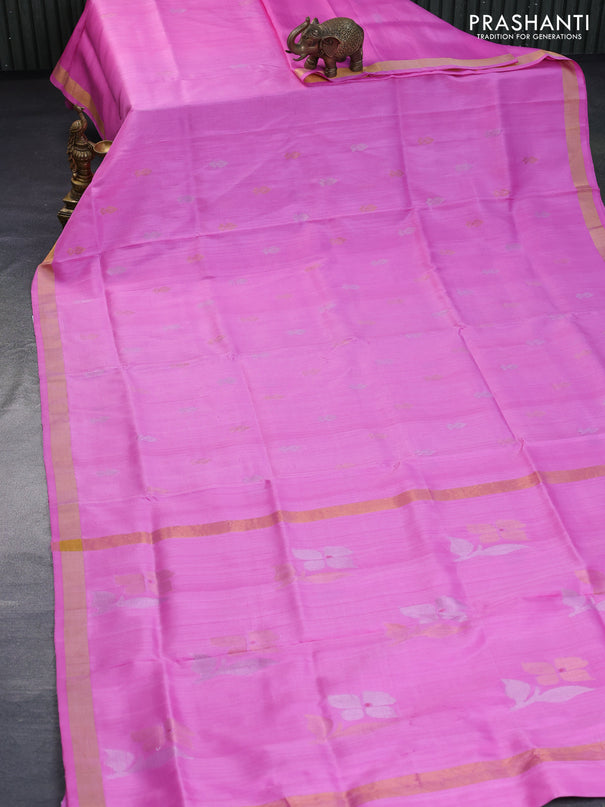 Pure uppada silk saree pink with silver & gold zari woven buttas and zari woven border