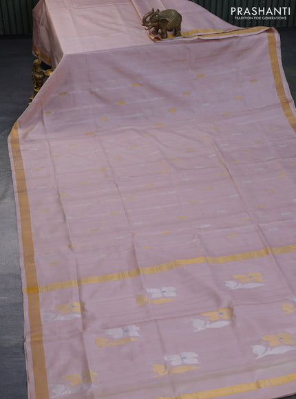 Pure uppada silk saree beige with silver & gold zari woven buttas and zari woven border