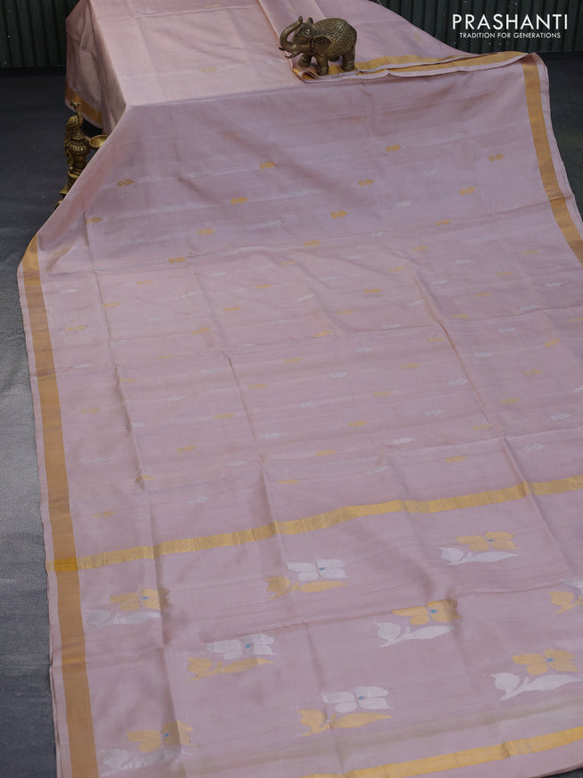 Pure uppada silk saree beige with silver & gold zari woven buttas and zari woven border