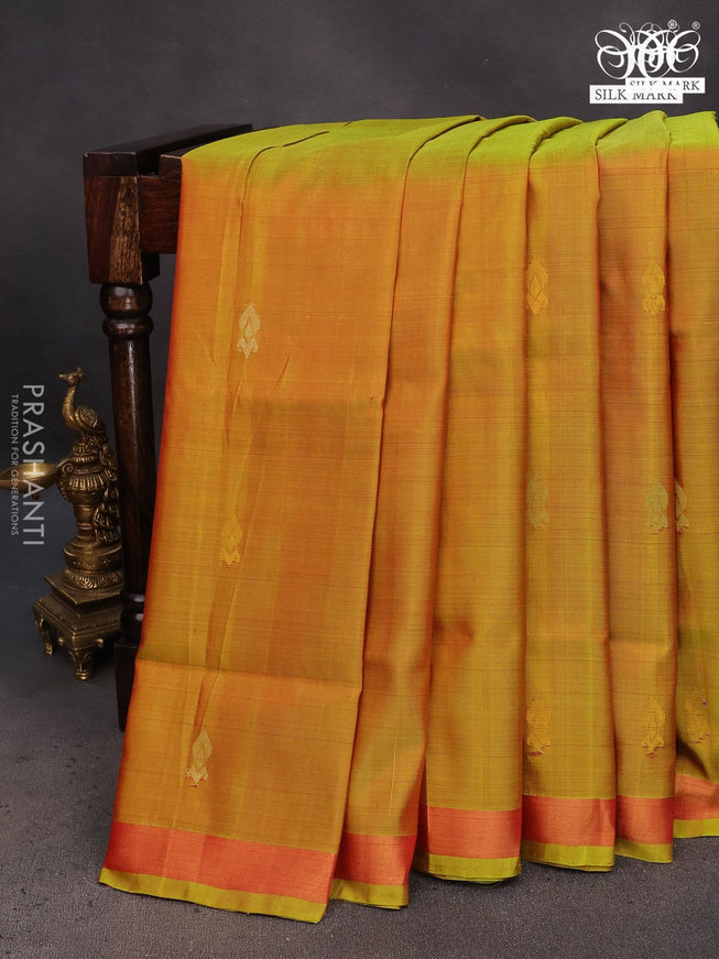 Pure uppada silk saree dual shade of green with silver & gold zari woven buttas and zari woven border