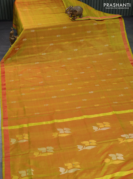 Pure uppada silk saree dual shade of green with silver & gold zari woven buttas and zari woven border