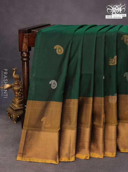 Pure uppada silk saree green and mustard yellow with silver & gold zari woven buttas and zari woven border