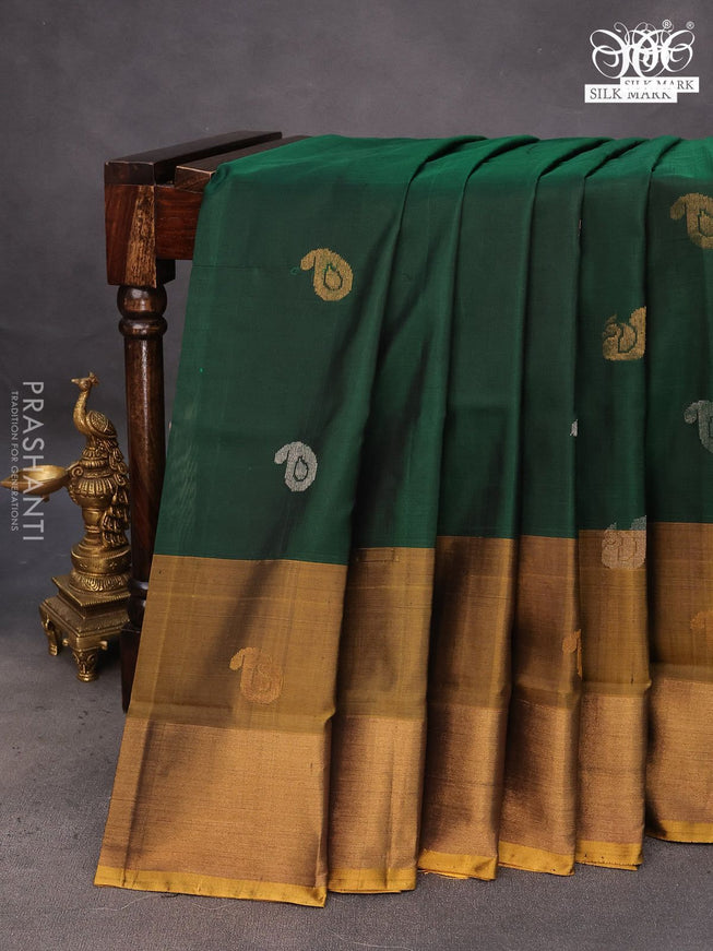 Pure uppada silk saree green and mustard yellow with silver & gold zari woven buttas and zari woven border