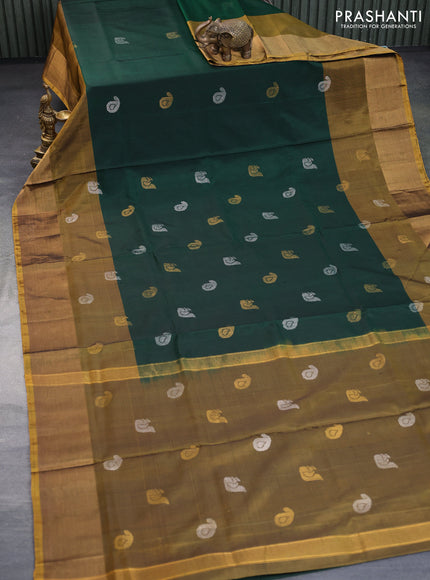 Pure uppada silk saree green and mustard yellow with silver & gold zari woven buttas and zari woven border