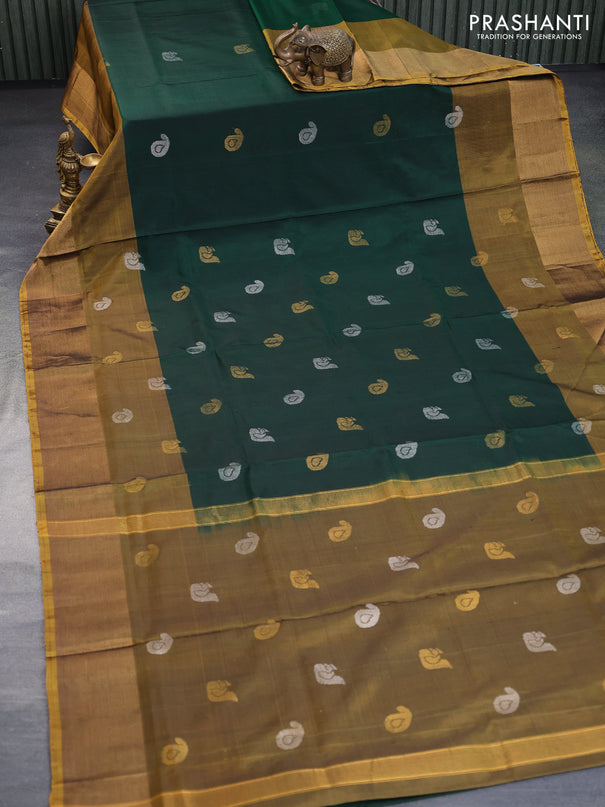 Pure uppada silk saree green and mustard yellow with silver & gold zari woven buttas and zari woven border