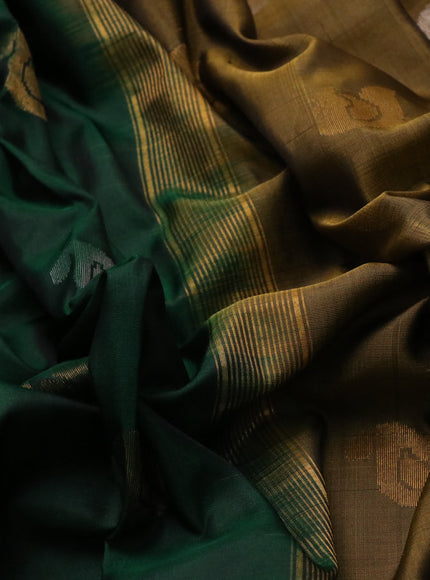 Pure uppada silk saree green and mustard yellow with silver & gold zari woven buttas and zari woven border