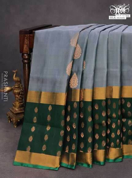 Pure uppada silk saree dual shade of greyish green and green with zari woven buttas and long zari woven butta border