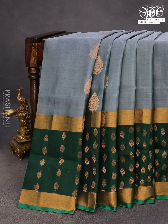 Pure uppada silk saree dual shade of greyish green and green with zari woven buttas and long zari woven butta border