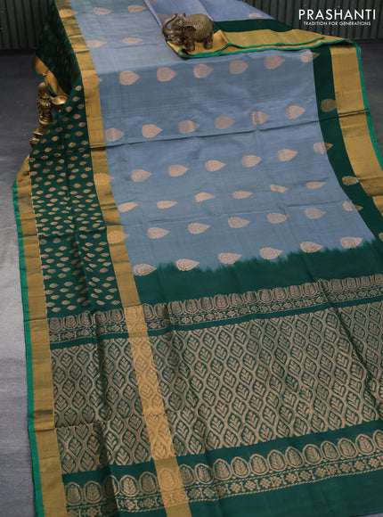 Pure uppada silk saree dual shade of greyish green and green with zari woven buttas and long zari woven butta border