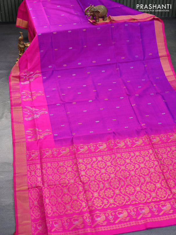 Pure uppada silk saree purple and pink with silver & gold zari woven buttas and rich zari woven border