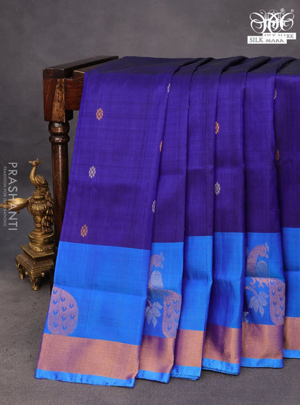 Pure uppada silk saree dark blue and cs blue with silver & gold zari woven buttas and rich zari woven border