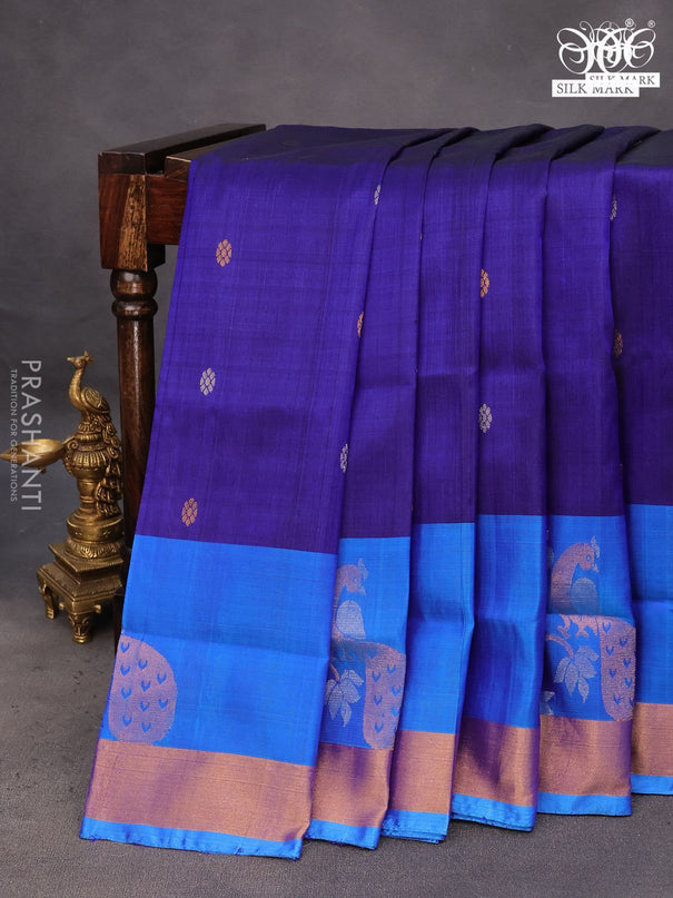 Pure uppada silk saree dark blue and cs blue with silver & gold zari woven buttas and rich zari woven border