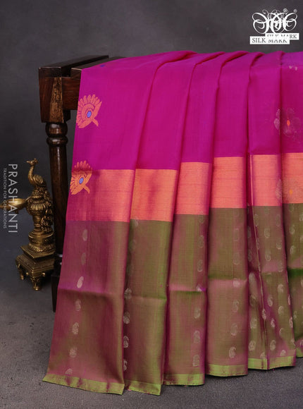 Pure uppada silk saree pink and dual shade of green with silver & gold zari woven buttas and silver zari woven butta border