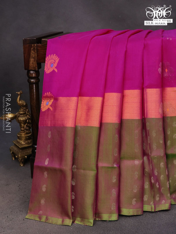 Pure uppada silk saree pink and dual shade of green with silver & gold zari woven buttas and silver zari woven butta border