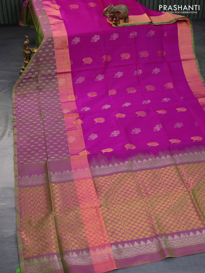 Pure uppada silk saree pink and dual shade of green with silver & gold zari woven buttas and silver zari woven butta border