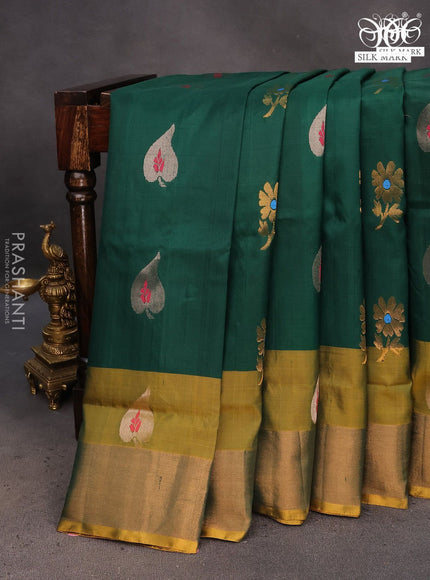 Pure uppada silk saree green and mustard yellow with silver & gold zari woven buttas and zari woven border