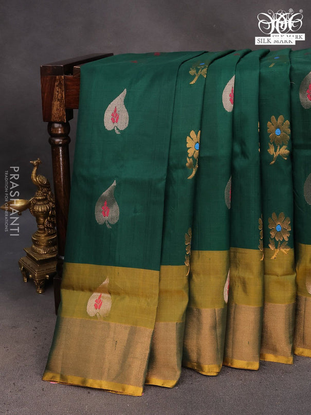 Pure uppada silk saree green and mustard yellow with silver & gold zari woven buttas and zari woven border