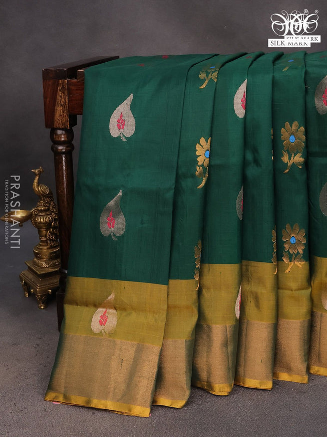 Pure uppada silk saree green and mustard yellow with silver & gold zari woven buttas and zari woven border