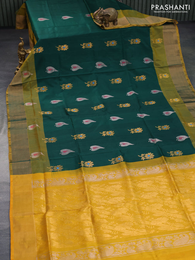 Pure uppada silk saree green and mustard yellow with silver & gold zari woven buttas and zari woven border