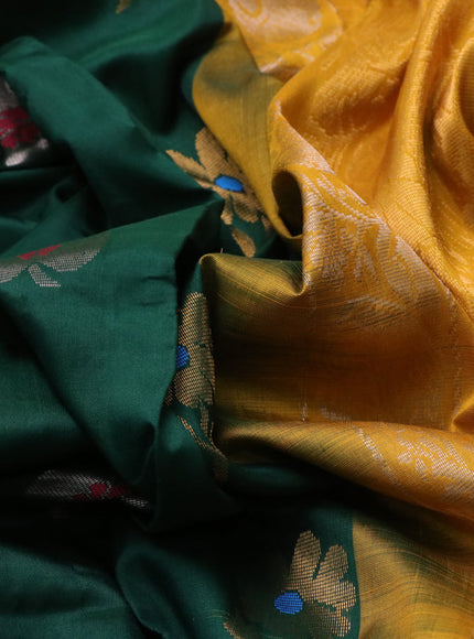 Pure uppada silk saree green and mustard yellow with silver & gold zari woven buttas and zari woven border