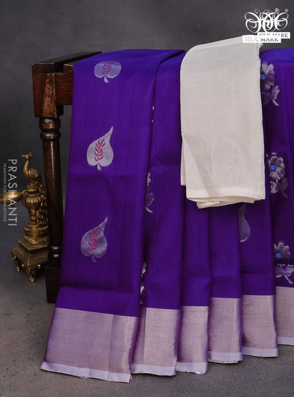 Pure uppada silk saree violet with silver zari woven floral buttas and silver zari woven border