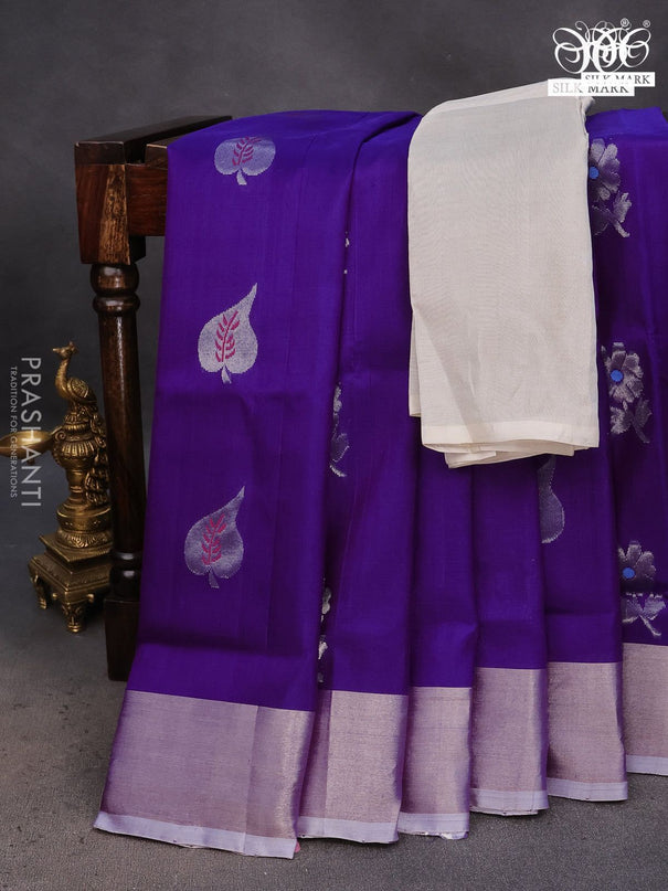 Pure uppada silk saree violet with silver zari woven floral buttas and silver zari woven border