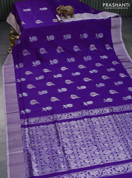 Pure uppada silk saree violet with silver zari woven floral buttas and silver zari woven border