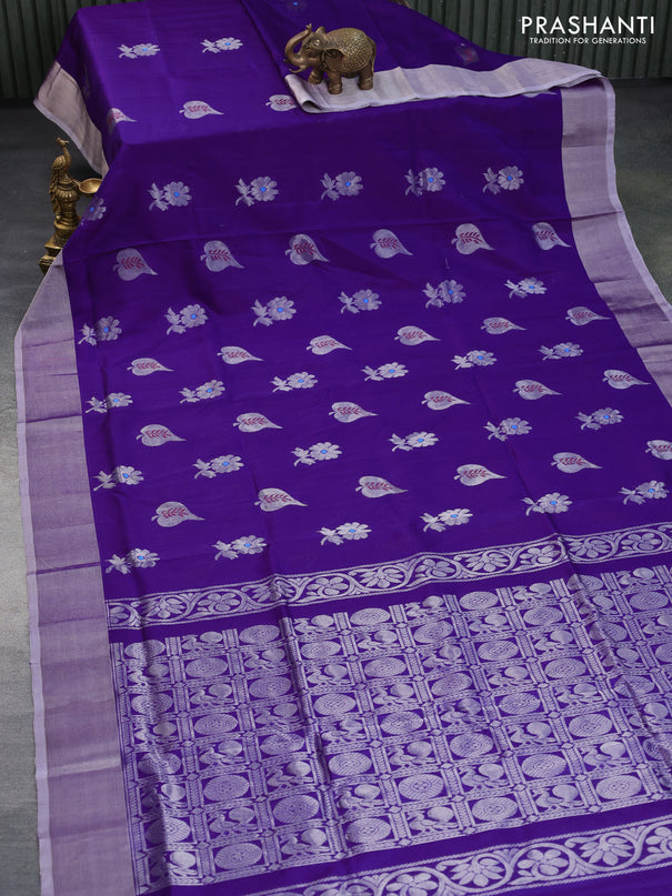 Pure uppada silk saree violet with silver zari woven floral buttas and silver zari woven border