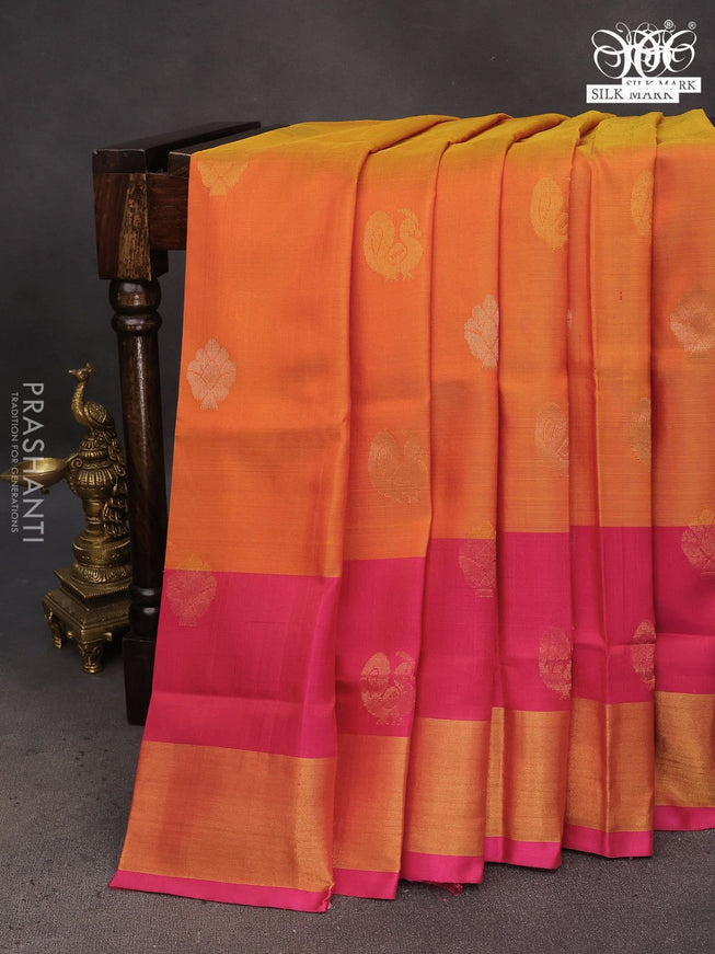 Pure uppada silk saree dual shade of mustard and pink with silver & gold zari woven buttas and zari woven border