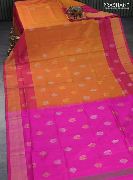 Pure uppada silk saree dual shade of mustard and pink with silver & gold zari woven buttas and zari woven border