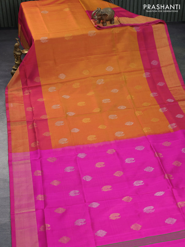 Pure uppada silk saree dual shade of mustard and pink with silver & gold zari woven buttas and zari woven border