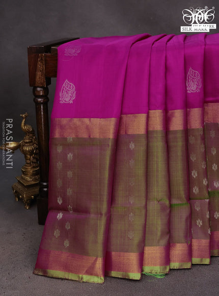 Pure uppada silk saree pink and dual shade of green with silver & gold zari woven buttas and long zari woven butta border