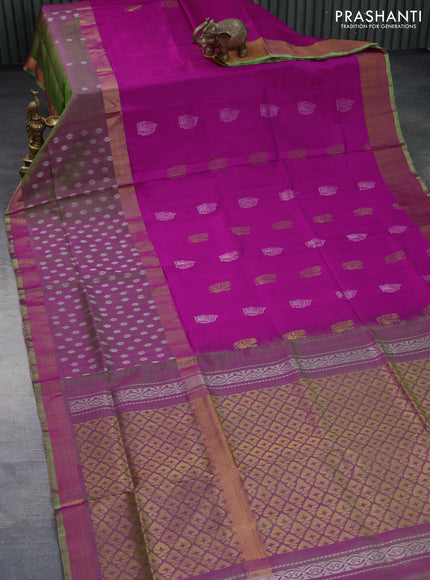 Pure uppada silk saree pink and dual shade of green with silver & gold zari woven buttas and long zari woven butta border