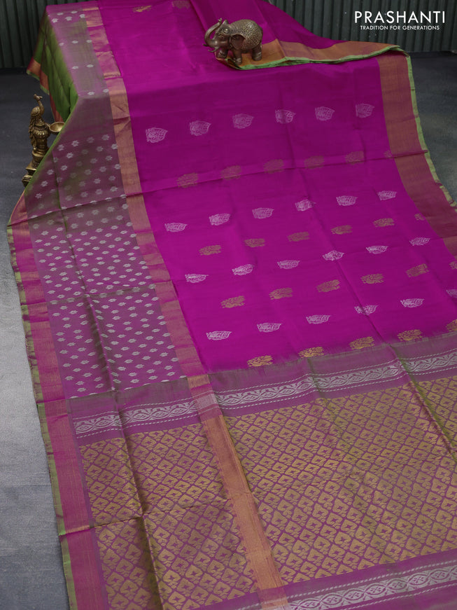 Pure uppada silk saree pink and dual shade of green with silver & gold zari woven buttas and long zari woven butta border