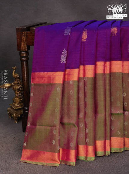 Pure uppada silk saree purple and dual shade of light green with silver & gold zari woven buttas and long zari woven butta border