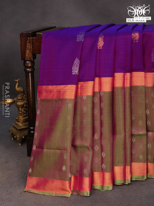 Pure uppada silk saree purple and dual shade of light green with silver & gold zari woven buttas and long zari woven butta border