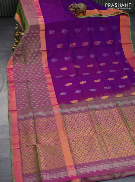 Pure uppada silk saree purple and dual shade of light green with silver & gold zari woven buttas and long zari woven butta border