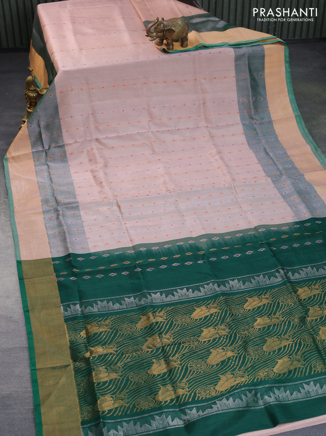 Pure uppada silk saree sandal and green with silver & thread woven floral buttas and zari woven border