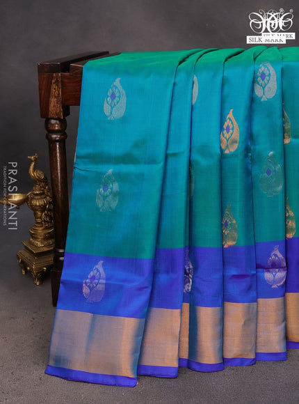 Pure uppada silk saree teal blue and blue with silver & gold zari woven buttas and zari woven border