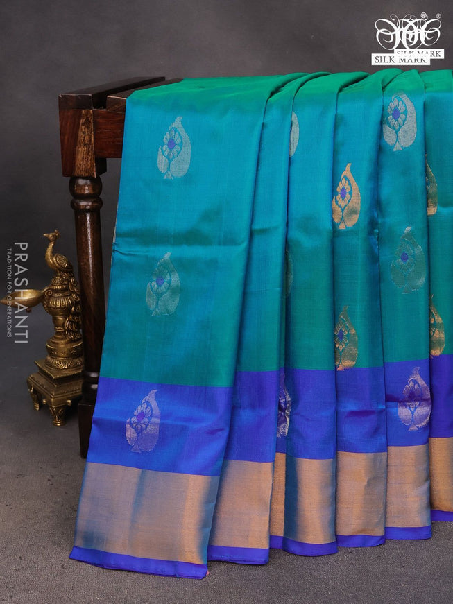 Pure uppada silk saree teal blue and blue with silver & gold zari woven buttas and zari woven border