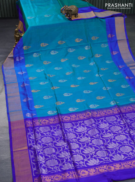 Pure uppada silk saree teal blue and blue with silver & gold zari woven buttas and zari woven border