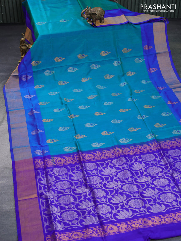 Pure uppada silk saree teal blue and blue with silver & gold zari woven buttas and zari woven border