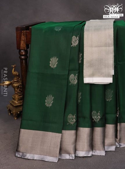 Pure uppada silk saree green with silver zari woven buttas and silver zari woven border