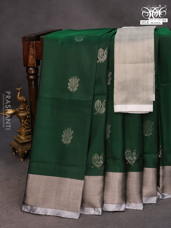 Pure uppada silk saree green with silver zari woven buttas and silver zari woven border