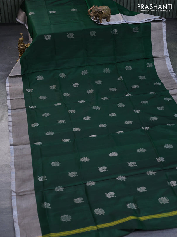 Pure uppada silk saree green with silver zari woven buttas and silver zari woven border