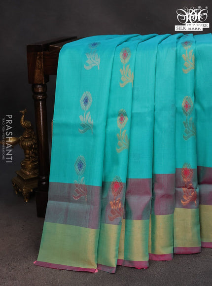 Pure uppada silk saree teal blue and pink with silver & gold zari woven floral buttas and zari woven border