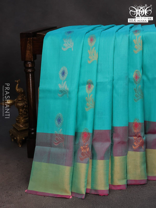 Pure uppada silk saree teal blue and pink with silver & gold zari woven floral buttas and zari woven border