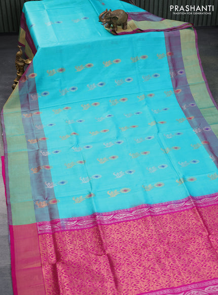 Pure uppada silk saree teal blue and pink with silver & gold zari woven floral buttas and zari woven border