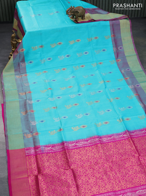 Pure uppada silk saree teal blue and pink with silver & gold zari woven floral buttas and zari woven border